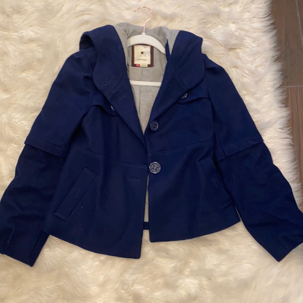 Anthropologie Blue Cropped Pea Coat with Hood